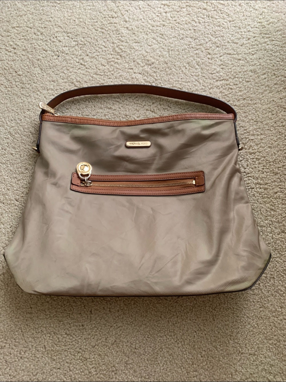 Michael Kors Taupe Shoulder Bag with Brown Trim and Gold Hardware